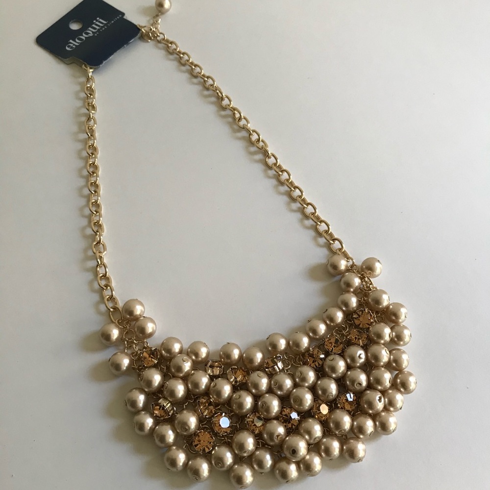 Eloquii Gold Pearl and Rhinestone Bib Necklace